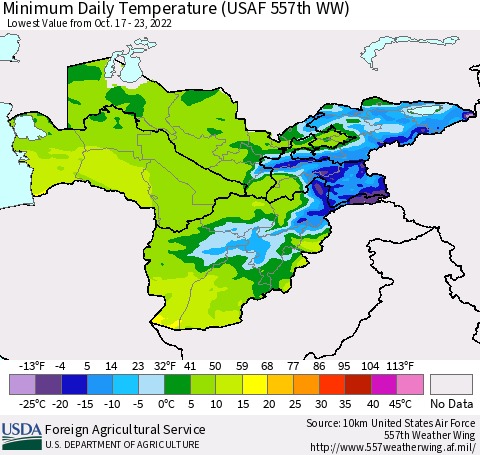 Central Asia Minimum Daily Temperature (USAF 557th WW) Thematic Map For 10/17/2022 - 10/23/2022