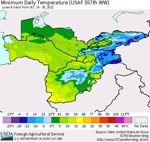 Central Asia Minimum Daily Temperature (USAF 557th WW) Thematic Map For 10/24/2022 - 10/30/2022