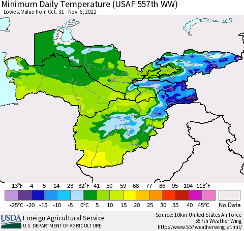 Central Asia Minimum Daily Temperature (USAF 557th WW) Thematic Map For 10/31/2022 - 11/6/2022