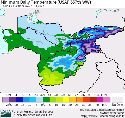 Central Asia Minimum Daily Temperature (USAF 557th WW) Thematic Map For 11/7/2022 - 11/13/2022