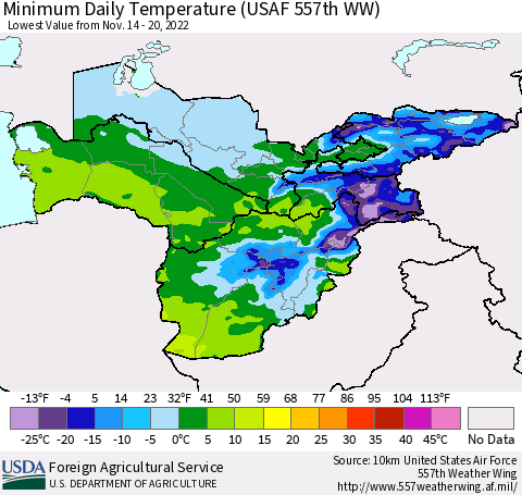 Central Asia Minimum Daily Temperature (USAF 557th WW) Thematic Map For 11/14/2022 - 11/20/2022