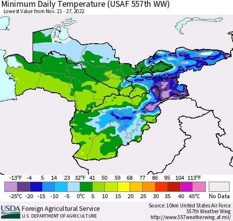 Central Asia Minimum Daily Temperature (USAF 557th WW) Thematic Map For 11/21/2022 - 11/27/2022