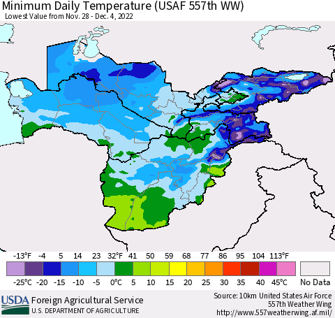 Central Asia Minimum Daily Temperature (USAF 557th WW) Thematic Map For 11/28/2022 - 12/4/2022