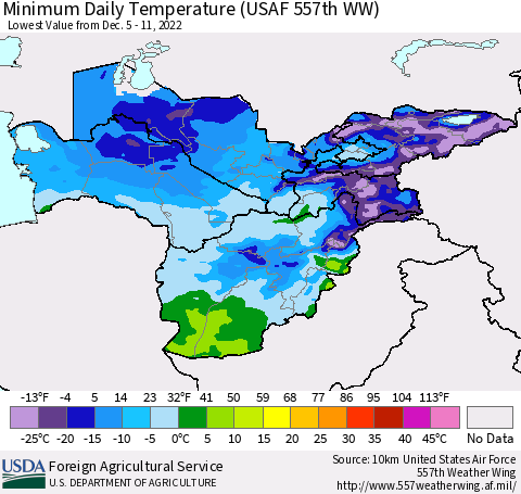Central Asia Minimum Daily Temperature (USAF 557th WW) Thematic Map For 12/5/2022 - 12/11/2022