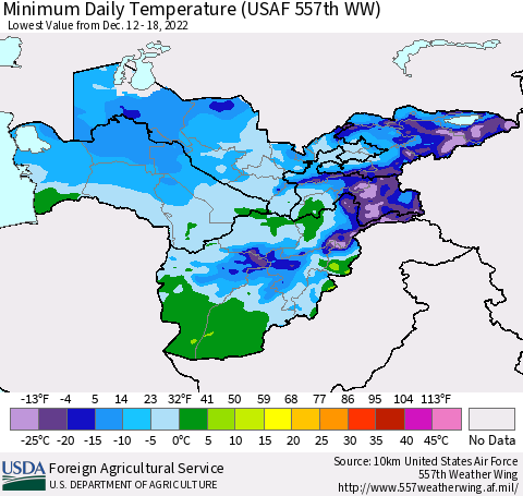 Central Asia Minimum Daily Temperature (USAF 557th WW) Thematic Map For 12/12/2022 - 12/18/2022