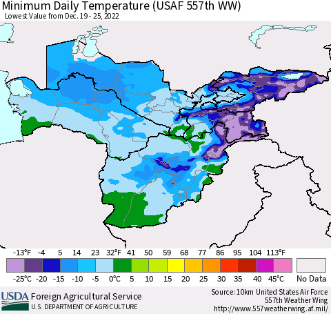 Central Asia Minimum Daily Temperature (USAF 557th WW) Thematic Map For 12/19/2022 - 12/25/2022