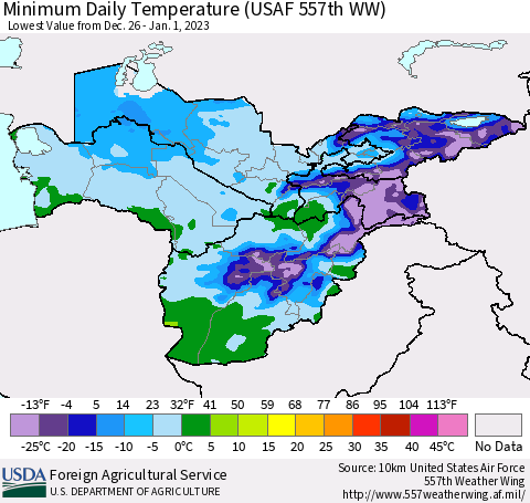 Central Asia Minimum Daily Temperature (USAF 557th WW) Thematic Map For 12/26/2022 - 1/1/2023