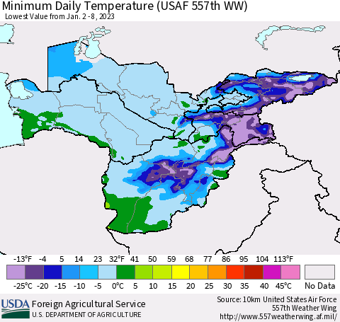 Central Asia Minimum Daily Temperature (USAF 557th WW) Thematic Map For 1/2/2023 - 1/8/2023