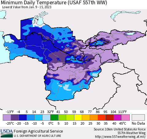 Central Asia Minimum Daily Temperature (USAF 557th WW) Thematic Map For 1/9/2023 - 1/15/2023