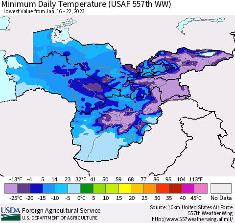 Central Asia Minimum Daily Temperature (USAF 557th WW) Thematic Map For 1/16/2023 - 1/22/2023