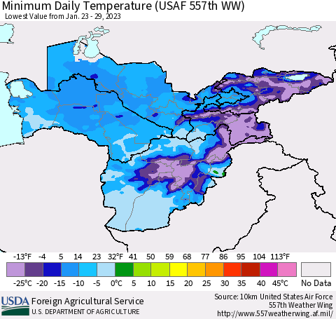 Central Asia Minimum Daily Temperature (USAF 557th WW) Thematic Map For 1/23/2023 - 1/29/2023