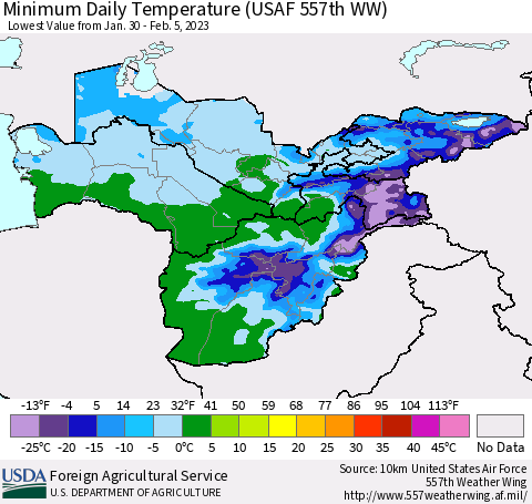 Central Asia Minimum Daily Temperature (USAF 557th WW) Thematic Map For 1/30/2023 - 2/5/2023