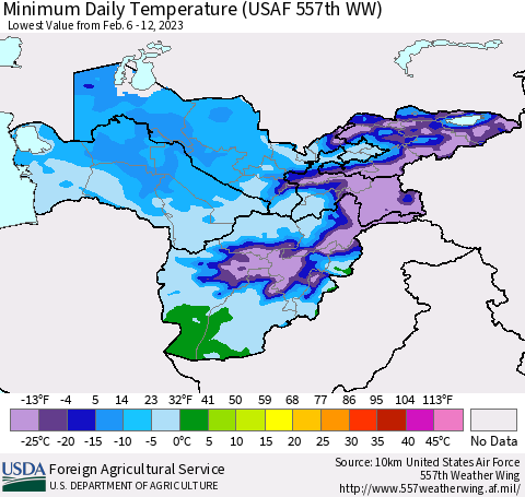 Central Asia Minimum Daily Temperature (USAF 557th WW) Thematic Map For 2/6/2023 - 2/12/2023