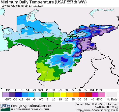 Central Asia Minimum Daily Temperature (USAF 557th WW) Thematic Map For 2/13/2023 - 2/19/2023