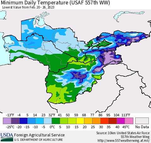 Central Asia Minimum Daily Temperature (USAF 557th WW) Thematic Map For 2/20/2023 - 2/26/2023