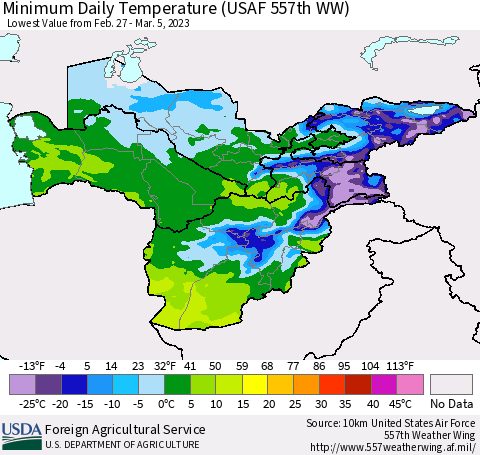 Central Asia Minimum Daily Temperature (USAF 557th WW) Thematic Map For 2/27/2023 - 3/5/2023