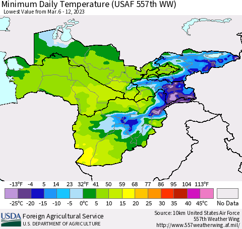 Central Asia Minimum Daily Temperature (USAF 557th WW) Thematic Map For 3/6/2023 - 3/12/2023