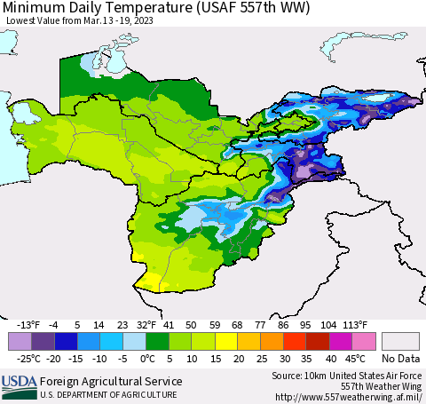 Central Asia Minimum Daily Temperature (USAF 557th WW) Thematic Map For 3/13/2023 - 3/19/2023