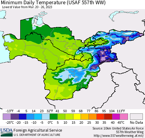 Central Asia Minimum Daily Temperature (USAF 557th WW) Thematic Map For 3/20/2023 - 3/26/2023