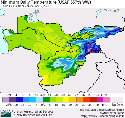Central Asia Minimum Daily Temperature (USAF 557th WW) Thematic Map For 3/27/2023 - 4/2/2023