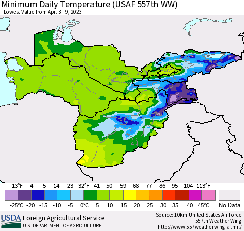 Central Asia Minimum Daily Temperature (USAF 557th WW) Thematic Map For 4/3/2023 - 4/9/2023