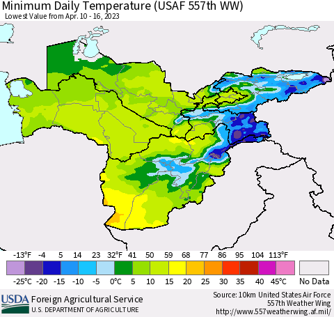 Central Asia Minimum Daily Temperature (USAF 557th WW) Thematic Map For 4/10/2023 - 4/16/2023