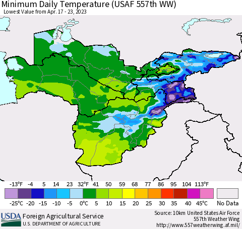 Central Asia Minimum Daily Temperature (USAF 557th WW) Thematic Map For 4/17/2023 - 4/23/2023