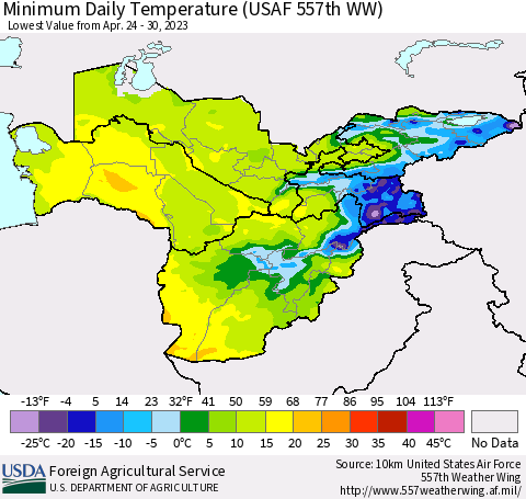 Central Asia Minimum Daily Temperature (USAF 557th WW) Thematic Map For 4/24/2023 - 4/30/2023
