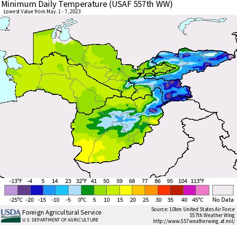 Central Asia Minimum Daily Temperature (USAF 557th WW) Thematic Map For 5/1/2023 - 5/7/2023