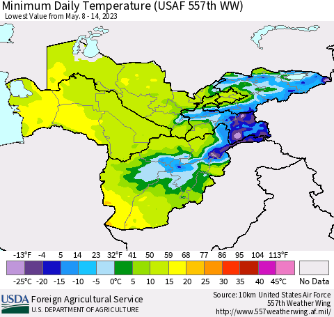Central Asia Minimum Daily Temperature (USAF 557th WW) Thematic Map For 5/8/2023 - 5/14/2023