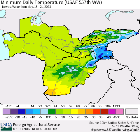 Central Asia Minimum Daily Temperature (USAF 557th WW) Thematic Map For 5/15/2023 - 5/21/2023