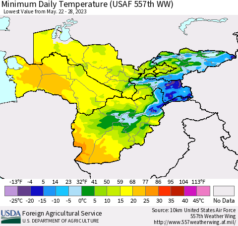 Central Asia Minimum Daily Temperature (USAF 557th WW) Thematic Map For 5/22/2023 - 5/28/2023