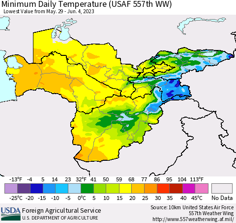 Central Asia Minimum Daily Temperature (USAF 557th WW) Thematic Map For 5/29/2023 - 6/4/2023