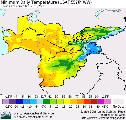 Central Asia Minimum Daily Temperature (USAF 557th WW) Thematic Map For 6/5/2023 - 6/11/2023