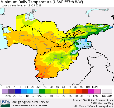 Central Asia Minimum Daily Temperature (USAF 557th WW) Thematic Map For 6/19/2023 - 6/25/2023