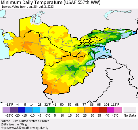 Central Asia Minimum Daily Temperature (USAF 557th WW) Thematic Map For 6/26/2023 - 7/2/2023