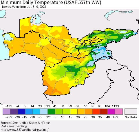 Central Asia Minimum Daily Temperature (USAF 557th WW) Thematic Map For 7/3/2023 - 7/9/2023