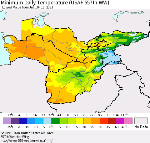 Central Asia Minimum Daily Temperature (USAF 557th WW) Thematic Map For 7/10/2023 - 7/16/2023