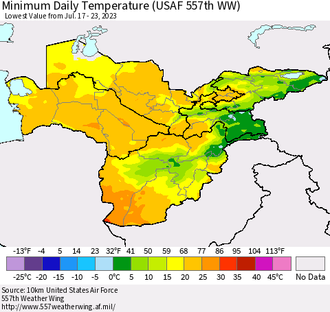 Central Asia Minimum Daily Temperature (USAF 557th WW) Thematic Map For 7/17/2023 - 7/23/2023