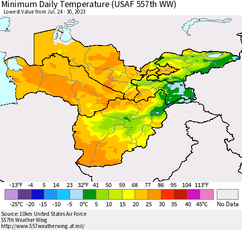 Central Asia Minimum Daily Temperature (USAF 557th WW) Thematic Map For 7/24/2023 - 7/30/2023