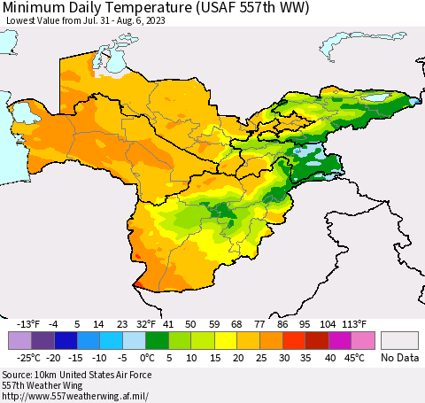 Central Asia Minimum Daily Temperature (USAF 557th WW) Thematic Map For 7/31/2023 - 8/6/2023