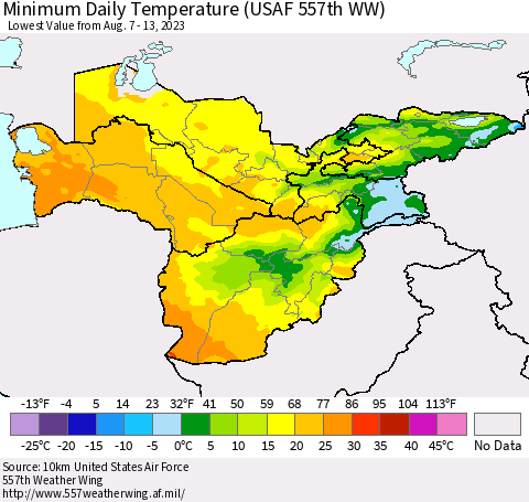 Central Asia Minimum Daily Temperature (USAF 557th WW) Thematic Map For 8/7/2023 - 8/13/2023