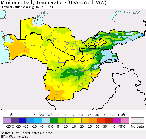 Central Asia Minimum Daily Temperature (USAF 557th WW) Thematic Map For 8/14/2023 - 8/20/2023