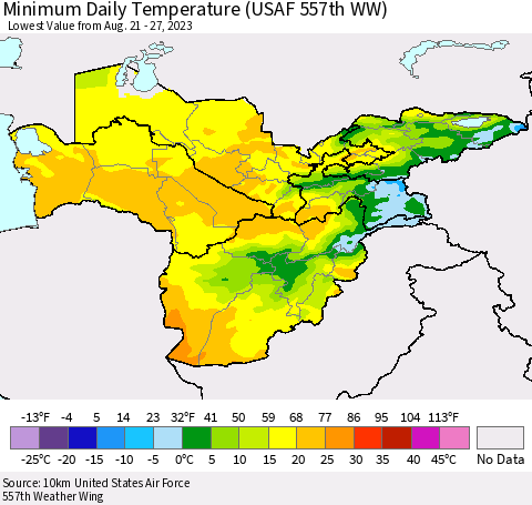 Central Asia Minimum Daily Temperature (USAF 557th WW) Thematic Map For 8/21/2023 - 8/27/2023