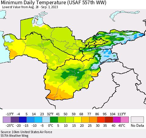 Central Asia Minimum Daily Temperature (USAF 557th WW) Thematic Map For 8/28/2023 - 9/3/2023