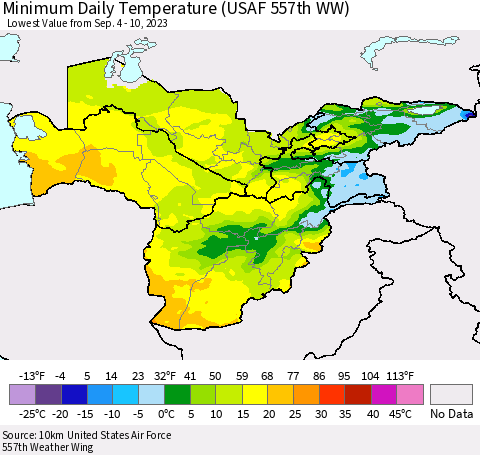 Central Asia Minimum Daily Temperature (USAF 557th WW) Thematic Map For 9/4/2023 - 9/10/2023