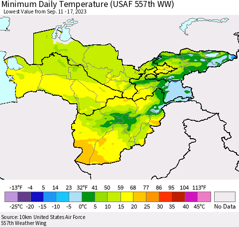 Central Asia Minimum Daily Temperature (USAF 557th WW) Thematic Map For 9/11/2023 - 9/17/2023