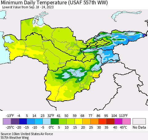 Central Asia Minimum Daily Temperature (USAF 557th WW) Thematic Map For 9/18/2023 - 9/24/2023