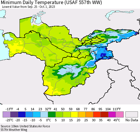 Central Asia Minimum Daily Temperature (USAF 557th WW) Thematic Map For 9/25/2023 - 10/1/2023
