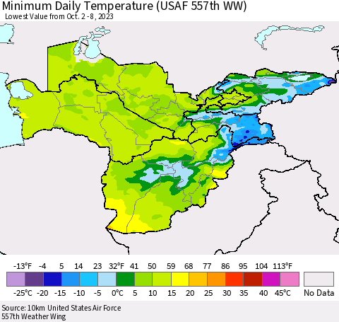 Central Asia Minimum Daily Temperature (USAF 557th WW) Thematic Map For 10/2/2023 - 10/8/2023